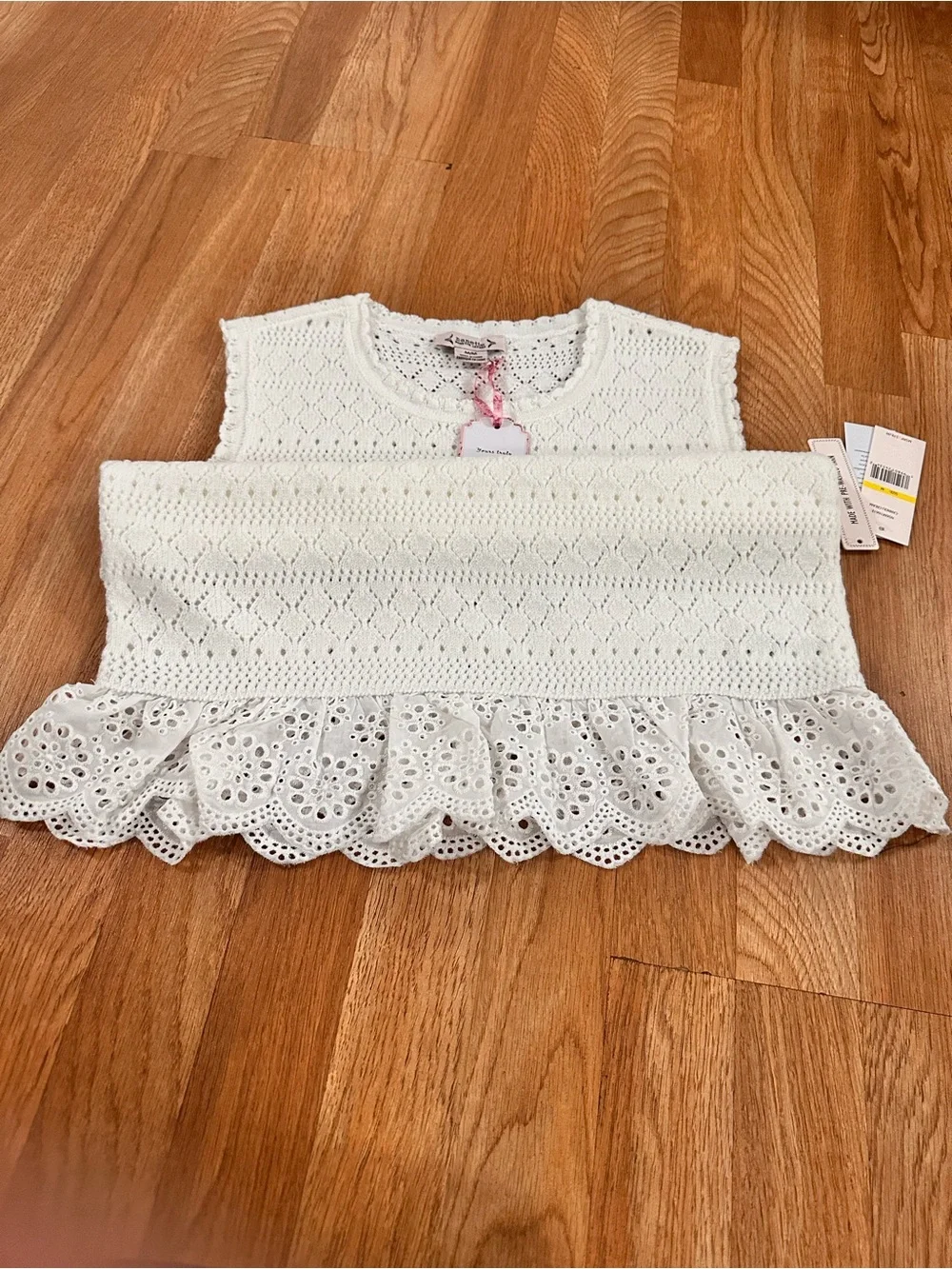 Nanette Lepore White Crochet Knit Tank with Eyelet Ruffle Hem
